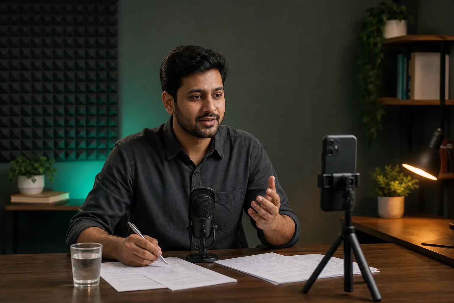 English tutor recording an IELTS lesson in a quiet creator studio