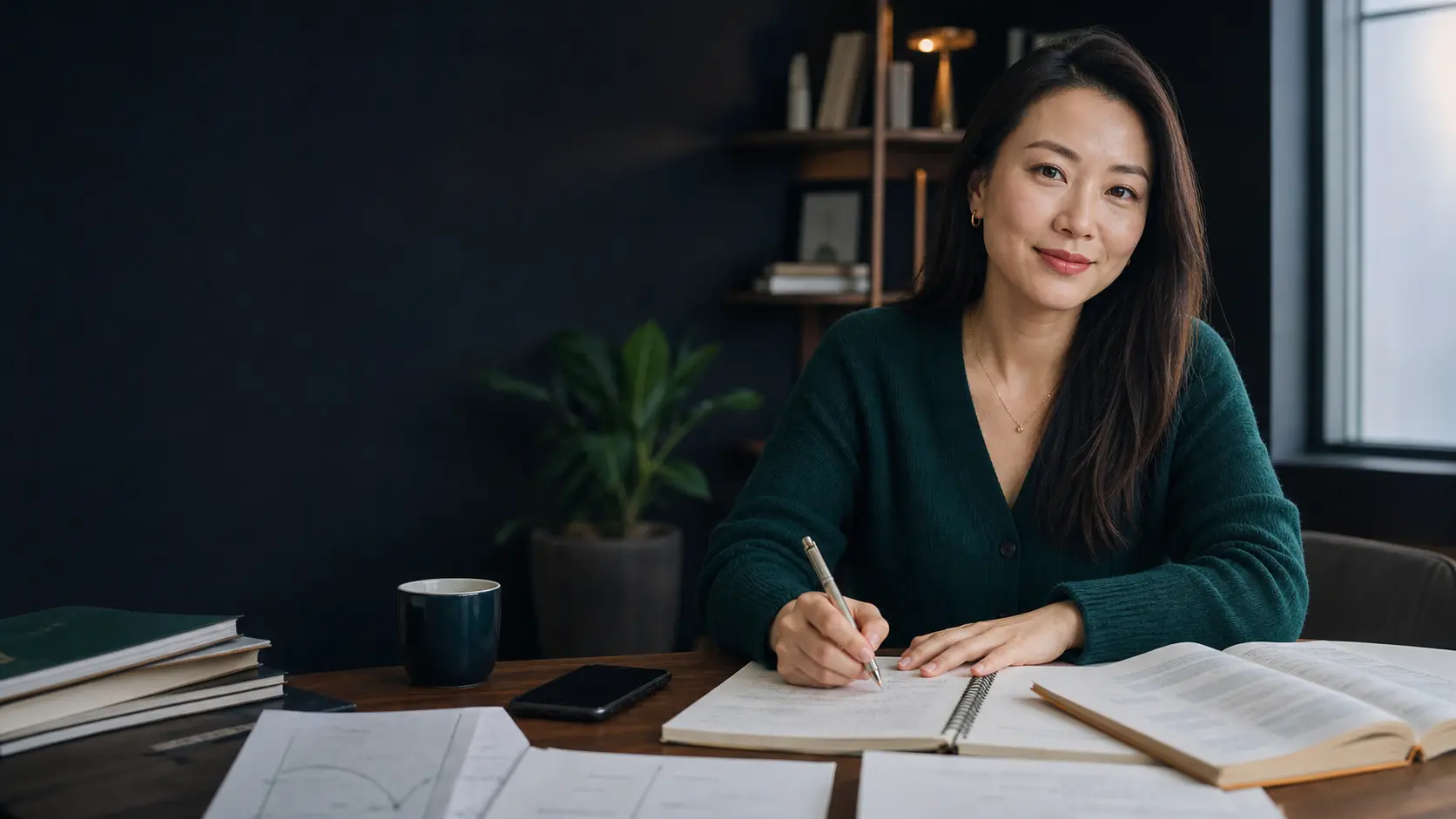 IELTS educator preparing notes in a dark study studio