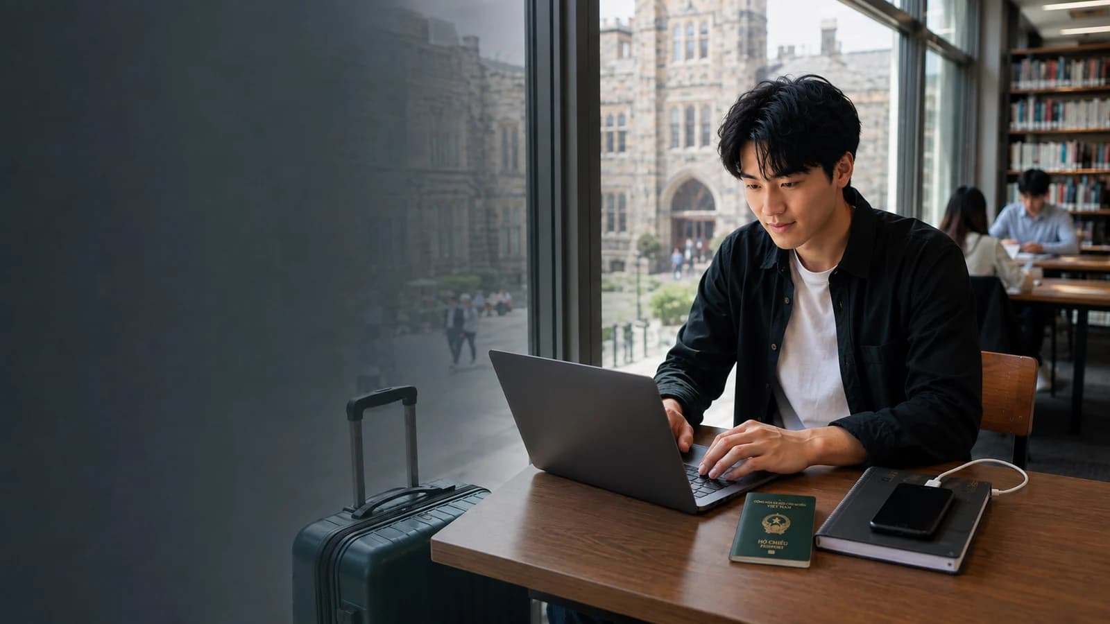 Vietnamese student researching overseas university English requirements on a laptop with passport and suitcase