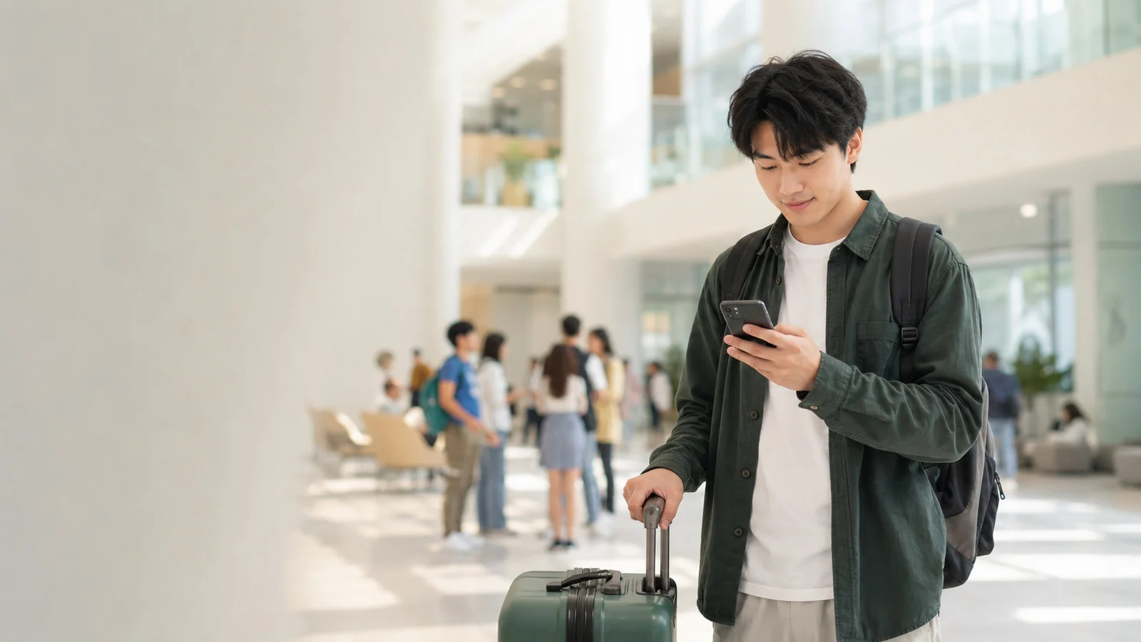 Young international student with suitcase checking his phone in a university atrium