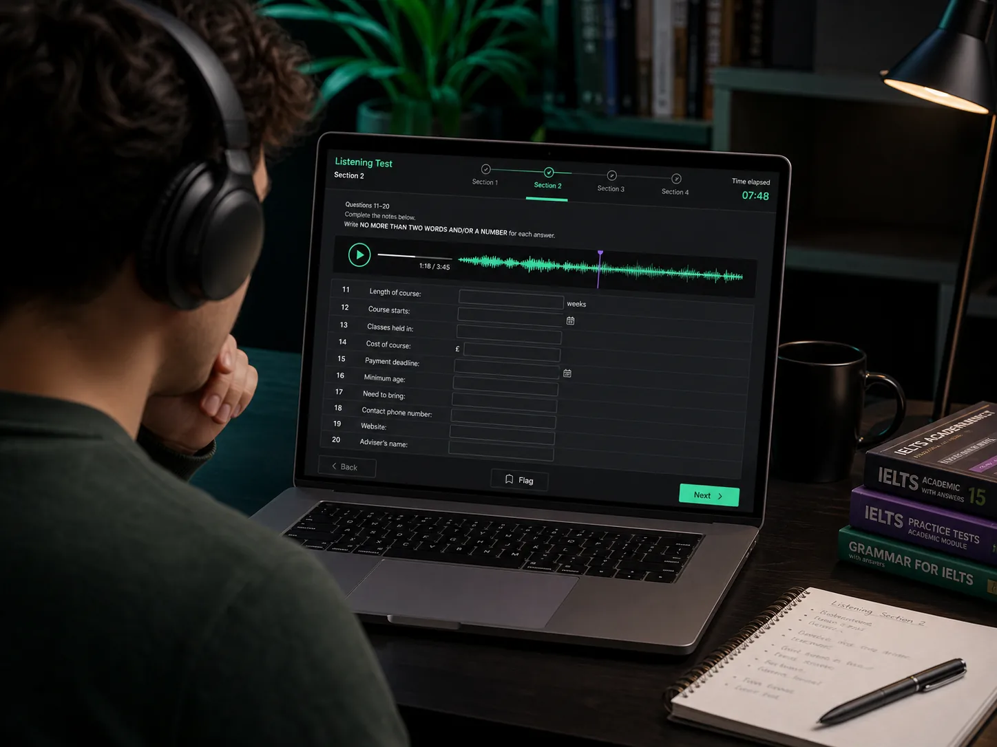 IELTS-style Listening mock-test screen with four sections, an audio waveform, playback controls, and answer fields