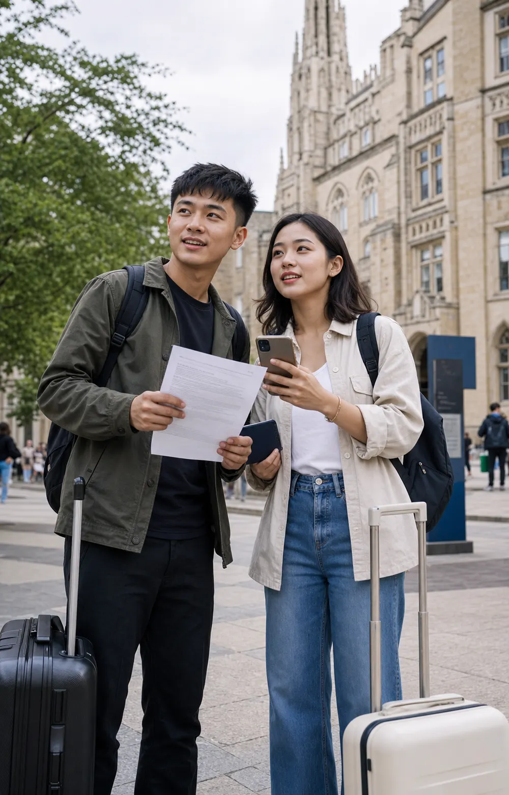 Vietnamese and Hong Kong students arriving on a university campus with admission documents and luggage