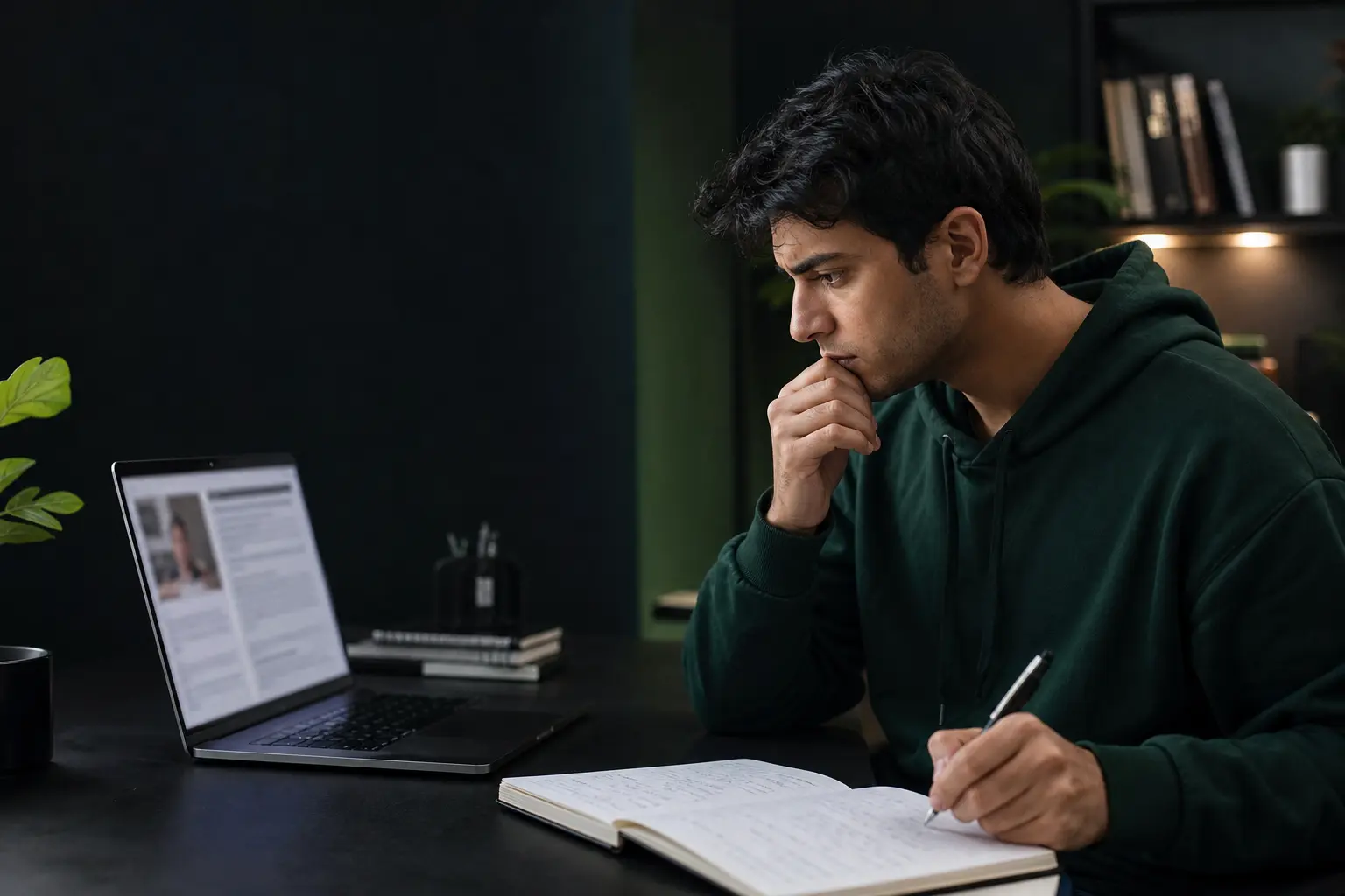 IELTS learner reviewing speaking mock feedback beside a notebook