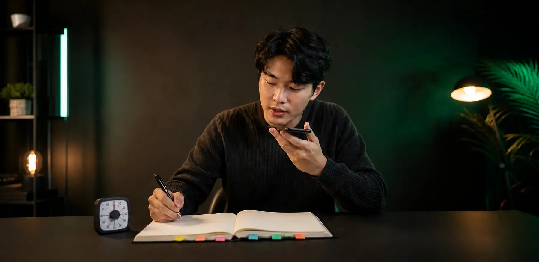IELTS learner following a structured speaking practice routine with a notebook and timer